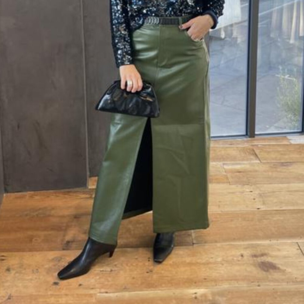 Faux Leather Front-Slit Skirt (Pilcro for Anthropologie-Plus, 22W, Moss Green)